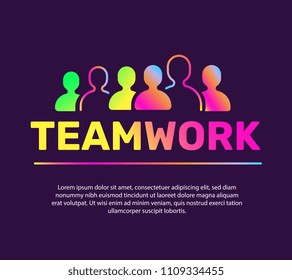 Work team of people together concept with text space. Vector creative illustration of teamwork word typography and group of people on dark background. Gradient design for teamwork web, site, banner