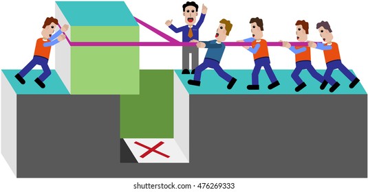 Work team pulls together and so overcomes obstacle.