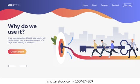 Work team running to aim. Leader, key, teamwork. Efficiency concept. Vector illustration can be used for topics like business, work, time management
