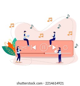 A work team is taking a break while listening to music using their cell phones. listen to music with a headset. relaxed. music templates. poster. website. vector illustration design