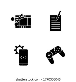 Work with technology black glyph icons set on white space. Scissors cut film strip. Pen write on page. Mobile software development. Game pad. Silhouette symbols. Vector isolated illustration