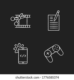 Work with technology chalk white icons set on black background. Scissors cut film strip. Pen write on page. Mobile software development. Coding for program. Isolated vector chalkboard illustrations