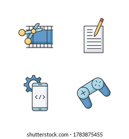 Work with technology RGB color icons set. Scissors cut film strip. Pen write on page. Mobile software development. Game pad. Joy stick. Coding for program. Isolated vector illustrations