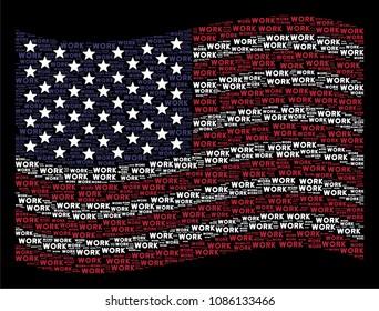 Work text items are arranged into waving USA flag stylization on a dark background. Vector composition of American state flag is constructed of work text elements.
