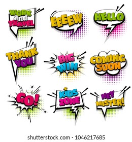 work thanks go win set hand drawn pictures effects template comics speech bubble halftone dot background pop art style. Comic dialog cloud, text pop-art. Idea conversation sketch explosion.