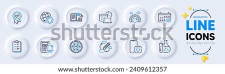 Work time, Approved award and Checklist line icons for web app. Pack of Cable section, Engineering documentation, Globe pictogram icons. Keywords, Chemistry flask, Calculator alarm signs. Vector