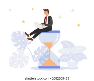 concepto de tiempo de trabajo con empresario que trabaja en laptop sobre hora de vidrio con estilo moderno plano