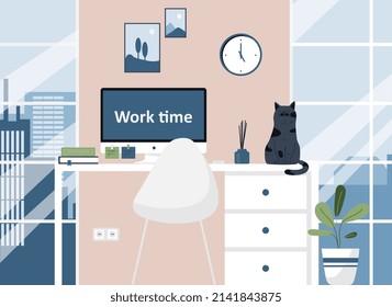 Work time concept. Freelancer or remote employee, workplace in apartment, cat waiting for owner. Responsibility and time management, scheduling and planning. Cartoon flat vector illustration