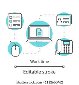 Work time concept icon. Office work idea thin line illustration. Computing. Freelance. Vector isolated outline drawing. Editable stroke