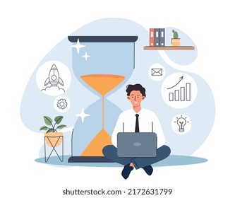 Work time concept. Man at laptop working on project. Metaphor for optimal schedule and efficient workflow. Freelancer or remote worker, business process, productivity. Cartoon flat vector illustration