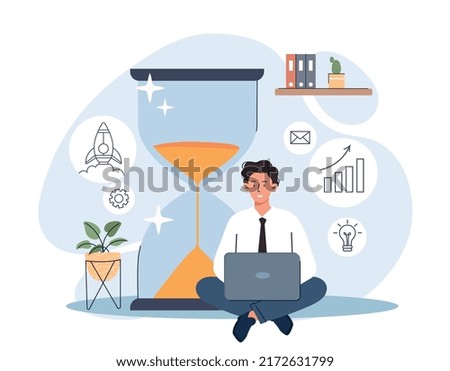 Work time concept. Man at laptop working on project. Metaphor for optimal schedule and efficient workflow. Freelancer or remote worker, business process, productivity. Cartoon flat vector illustration