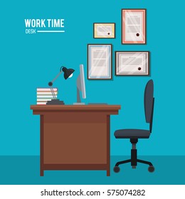 work time desk chair lamp book laptop certificate wall