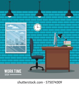 work time desk clock chair laptop window brick wall