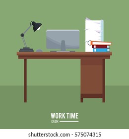 work time desk laptop lamp stack documents green background