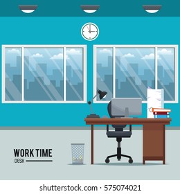 work time desk space clock chair window basket