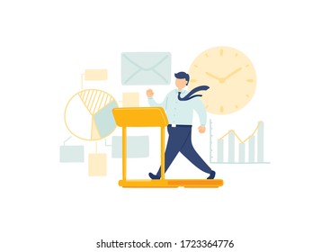 Work time employee management, Miniature staff tiny people walk on electric treadmill, Business metaphor concept Poster or social banner design, Vector illustration isolated on white background