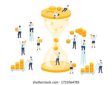 Work time employee teamwork management Miniature assembly team staff tiny people and hourglass Business metaphor concept Poster or social banner design Vector illustration isolated on white background