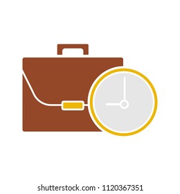Work time glyph color icon. Business briefcase with clock. Silhouette symbol on white background with no outline. Negative space. Vector illustration