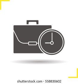 Work Time Icon. Drop Shadow Working Hours Silhouette Symbol. Business Briefcase With Clock. Negative Space. Vector Isolated Illustration