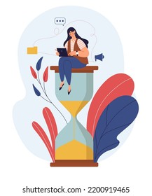 Tiempo de trabajo. Concepto de plazo de trabajo. Mujer en horneado. Niña con laptop sentada en hora de vidrio. Enorme sandglass y un oficinista enviando correo electrónico. Calendario o agenda. Ilustración del vector