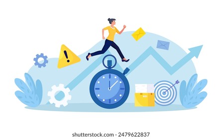 Work time management. Busy business woman is running over watch. Quick response, person rush to do everything on work matters. Time is running out. Deadline, time pressure. Productivity