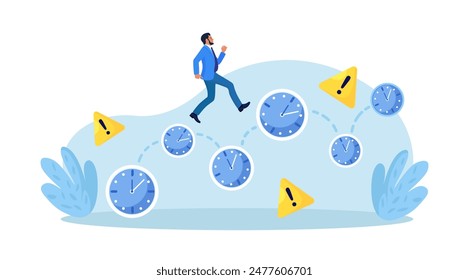 Work time management. Busy businessman is running over watch. Quick response, person rush to do everything on work matters. Time is running out. Deadline, time pressure. Time management, productivity