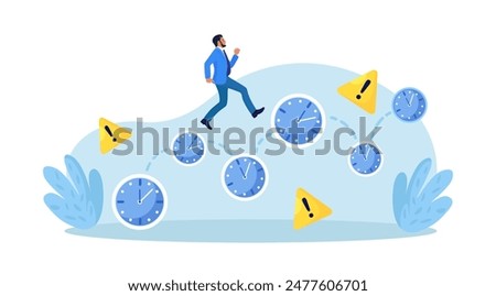 Work time management. Busy businessman is running over watch. Quick response, person rush to do everything on work matters. Time is running out. Deadline, time pressure. Time management, productivity