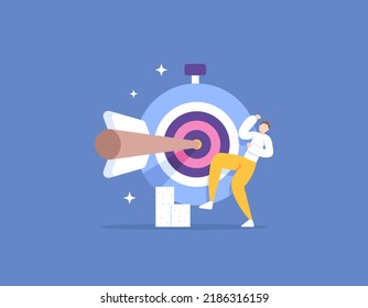 work time management and complete work before deadlines. disciplines, strategies, challenges, business plans. an entrepreneur is happy because he managed to reach the target and on time. illustration