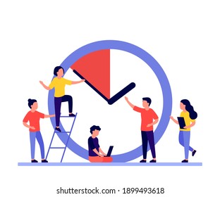 Arbeitszeitmanagement Konzept, Menschen und Uhr, Frist. Business Timing, Konzept der Interaktion Menschen und Zeit. Die Leute drängen sich auf die Arbeit, die Zeit wird knapp. Organisation und Teamarbeit. Vektorgrafik
