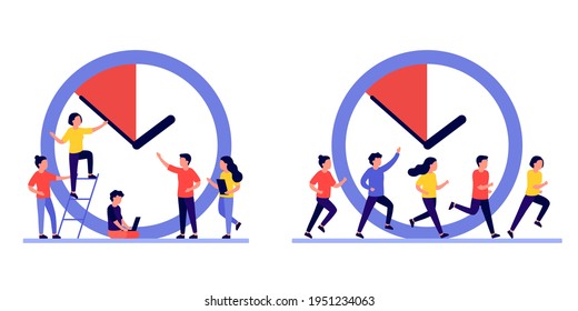 Concepto de gestión del tiempo de trabajo, personal y reloj, fecha límite. La gente corre, se apresura, se apresura a trabajar, el tiempo se está acabando. Gestión del tiempo de trabajo. Oportunidad de negocio, el tiempo se está acabando. Ilustración del vector