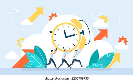 Work time management concept. A team of businessmen is running and carrying a watch. Quick response, people rush to do everything on work matters, time is running out. Flat style. Vector illustration