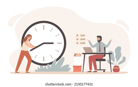 Work time management, control shift in office. Vector business time schedule, work deadline and productivity illustration