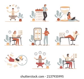 Work time management. Employees working according to schedule, creating to do lists, setting goals. Happy worker meeting deadline. Characters completing tasks effectively vector set