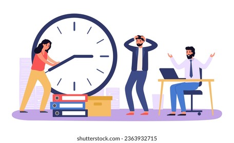 Work time management, organize own shift at workpalce. Vector of management time, work clock and schedule illustration, concept of deadline