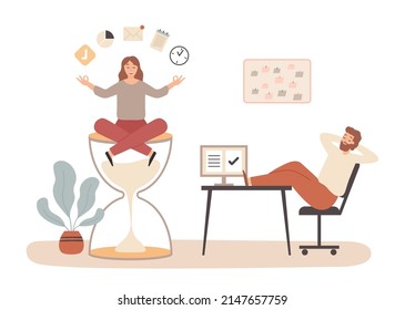 Gestión del tiempo de trabajo, relajación y meditación en el lugar de trabajo. Yoga en el lugar de trabajo, trabajador de posología lotus, relajación para la ilustración profesional del trabajador