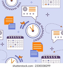 Administración del tiempo de trabajo y programas para el proyecto. Calendarios y notas, reloj y configuración, plazos para las asignaciones. Patrón sin inconvenientes, impresión de fondo o papel tapiz. Vector de estilo plano
