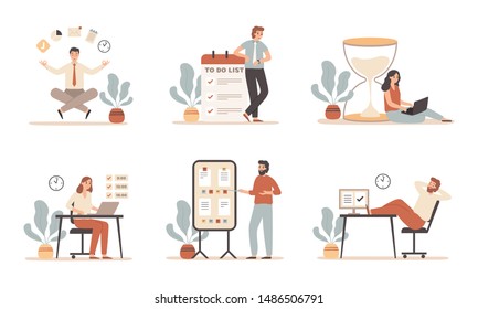 Work time management. Scheduling tasks, deadline strategy and office people working with laptop computer. It office productivity timing management. Flat vector isolated illustration icons set