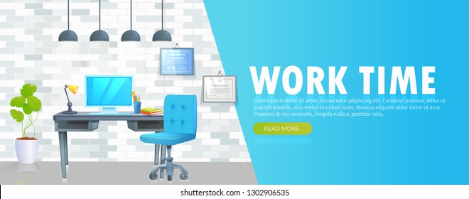 Work time in office banner.  Workplace interior design. Desk with computer and chair and diploma on wall. Vector cartoon illustration