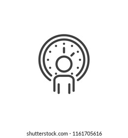 Work Time outline icon. linear style sign for mobile concept and web design. Employee and clock simple line vector icon. Symbol, logo illustration. Pixel perfect vector graphics