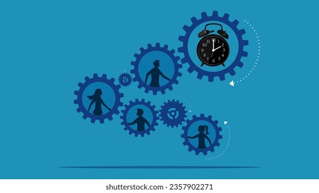 Work time. Team of businessmen on gear wheels and clock