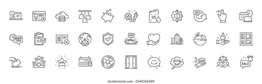 Work time, Vip transfer and Transform line icons. Pack of Online documentation, Reject web, Promotion bell icon. Air fan, Piggy bank, 24 hours pictogram. Chemistry lab, Calendar, Engineering. Vector