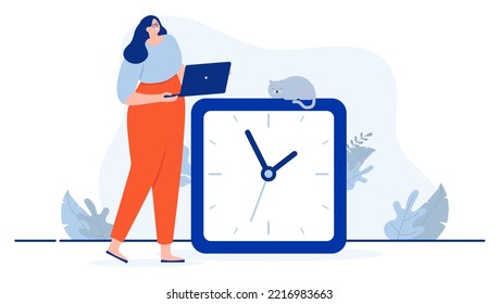 Work time woman - Businesswoman with computer working against the clock. Hour and timing concept. Flat design cartoon vector illustration with white background