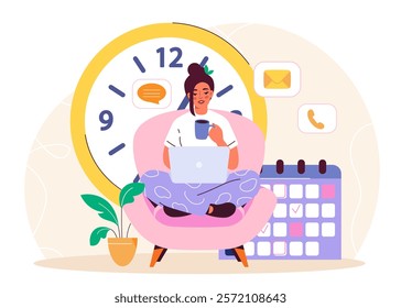 Work time woman. Young girl with laptop sits near clock and calendar. Organizing efficient work process and time management. Planning and scheduling. Flat vector illustration