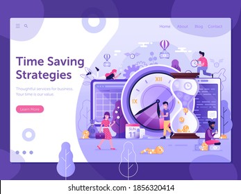 Work timing management landing page template with office people developing business strategy application. Time saving web banner with developers team, calendar and clocks. Save your time concept.