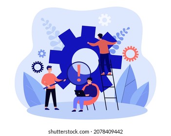 Work of tiny business people with gears. Team of men moving cog wheel, fixing machine together flat vector illustration. Cooperation, challenge concept for banner, website design or landing web page