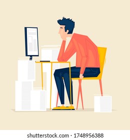 A lot of work, a tired man, office life. Flat illustration in cartoon style. Vector.	