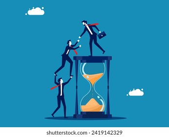 Work together. Businessman helps colleague climb up the hourglass 