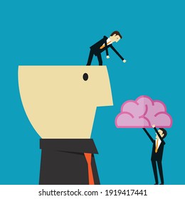 Trabajar juntos para llenar el cerebro y las ideas, Ilustración vectorial en estilo plano