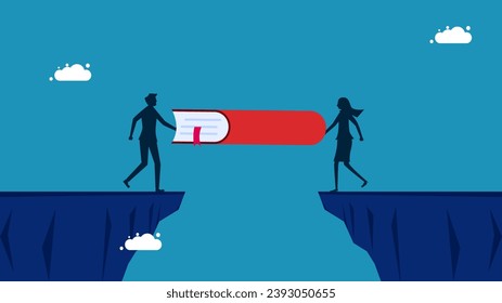 Work together in learning to overcome obstacles. Two businessmen build a book bridge to cross a cliff