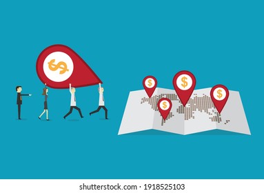 Trabajar juntos para colocar puntos financieros en el mapa, ilustración vectorial en estilo plano